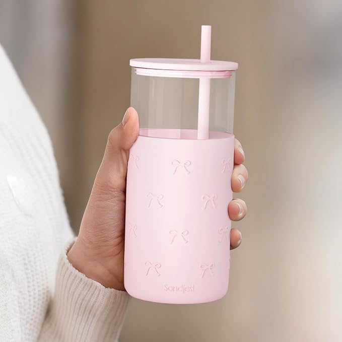 SANDJEST Glass Tumbler with Straw and Lid, Bow Glass Water Bottle with Silicone - Image 6