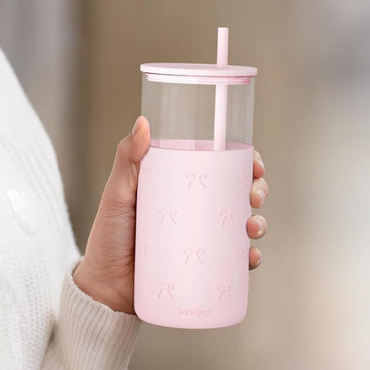 SANDJEST Glass Tumbler with Straw and Lid, Bow Glass Water Bottle with Silicone - Image 6