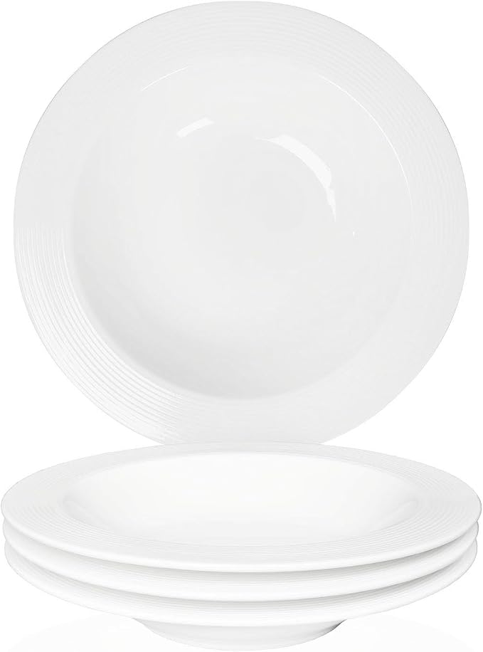 Pasta bowl rim Plate Set of 4, 9.8 inch Ceramic Rimmed Pasta Plates, by Dingdaer
