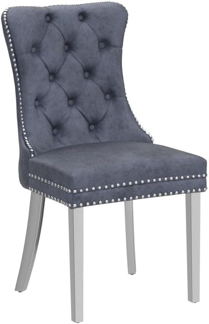 KCC Velvet Dining Chairs Set of 2, Upholstered High-end Tufted Dining Room Chair with Nailhead Back Ring Pull Trim Stainless Steel Legs, Contemporary Nikki Collection Modern Style for Kitchen, Gray