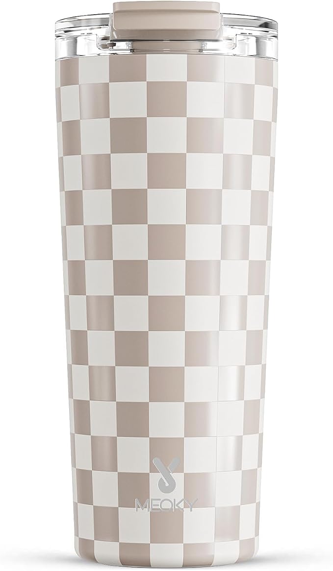 Meoky 24 oz Insulated Travel Coffee Mug: Leak Proof Lid, Checkmate | Stainless by MEOKY
