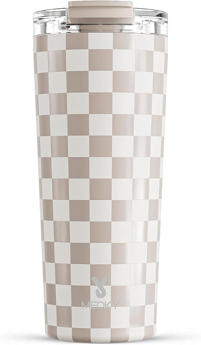 Meoky 24 oz Insulated Travel Coffee Mug: Leak Proof Lid, Checkmate | Stainless by MEOKY