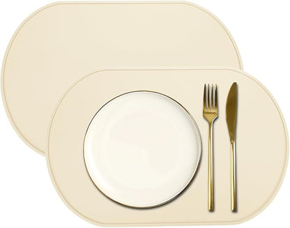 uxcell 2 Pcs Oval Silicone Placemat, 15.4" x 10.4" Non-Slip Washable Table Placemats Heat Resistant Waterproof Mat with High Edge for Table Kitchen Desk Protection, White