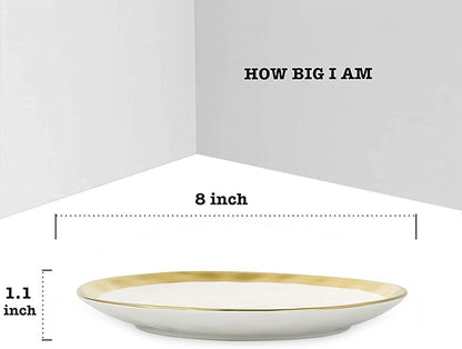 vicrays Ceramic Dessert Salad Plates, 8 Inch, Set of 6, Round, Dishwasher Safe, NOT Microwave Safe, Scratch Resistant, Suitable for Appetizer, Home, Restaurant (White with Golden)
