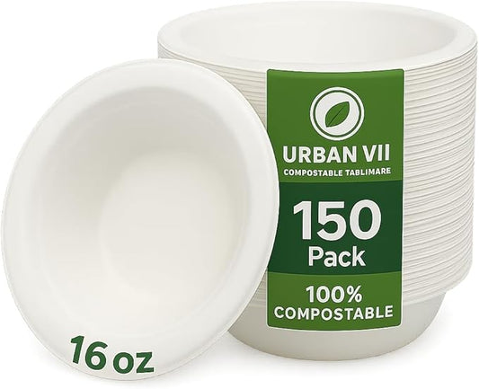 16 oz Compostable Paper Bowls [150-Pack] – Heavy-Duty & Leak-Resistant Disposable Bowls, Natural Sugarcane Bagasse Fiber, Microwave-Safe, Eco-Friendly for Parties, Catering & Everyday