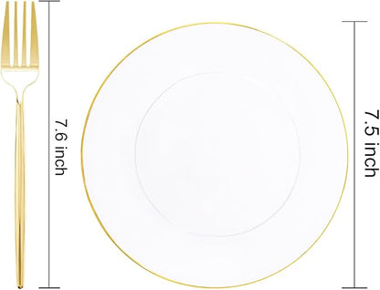 Rubtlamp 200Pcs Clear Gold Dessert Plates With Plastic Gold Forks, 100pcs 7.5inch Plates For Appetizers,100pcs 7.8inch Premium Forks Disposable, Cake Platos Disposable for Wedding