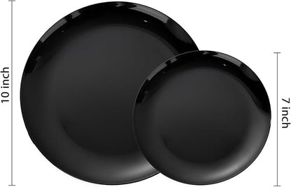 PULOTE 200PCS Black Plastic Plates - Heavy Duty Black Disposable Include 100 Each (10 inch Dinner & 7 inch Dessert) Plates, Disposable for Party, Birthday & New Year
