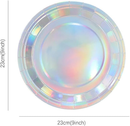 Iridescent Party Supplies, Holographic Paper Plates and Napkins Set, Rainbow Disposable Paper Plates Cups Knives Spoons Fork Straw for Birthday Wedding Party Serve 25 (Iridescent)