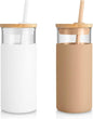 Tronco 20 oz Glass Tumbler with Lid and Straw, Iced Coffee Cup and Smoothie Cup with Bamboo Lids & Protective Silicone Sleeve, Dishwasher Safe, BPA-Free, Glass Cup 2 Pack