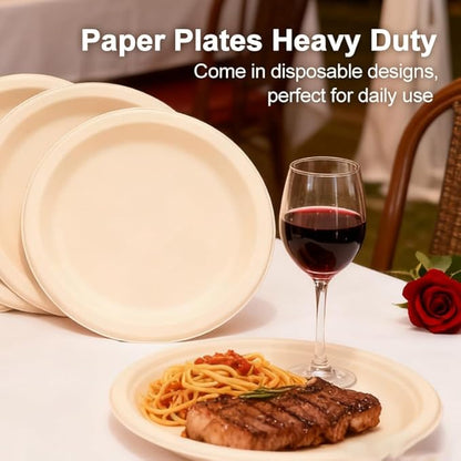 Disposable Plates, 10 Inch,100 pack, Natural Color, bagasse,sugarcane,Biodegradable Paper Material, Round Shape