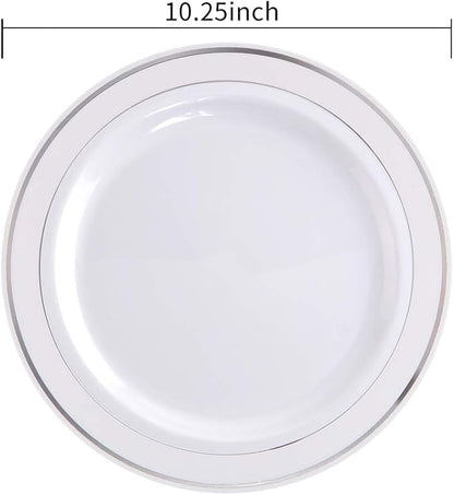 bUCLA 100Pieces Silver Plastic Plates - 10.25inch Silver Rim Disposable Dinner Plates - Ideal for Weddings, Parties