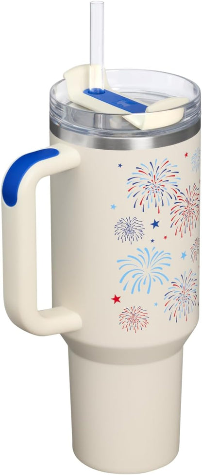 STANLEY Quencher H2.0 Flow State Tumbler, 40 oz, Cream Royal Fireworks | Handle - Image 3