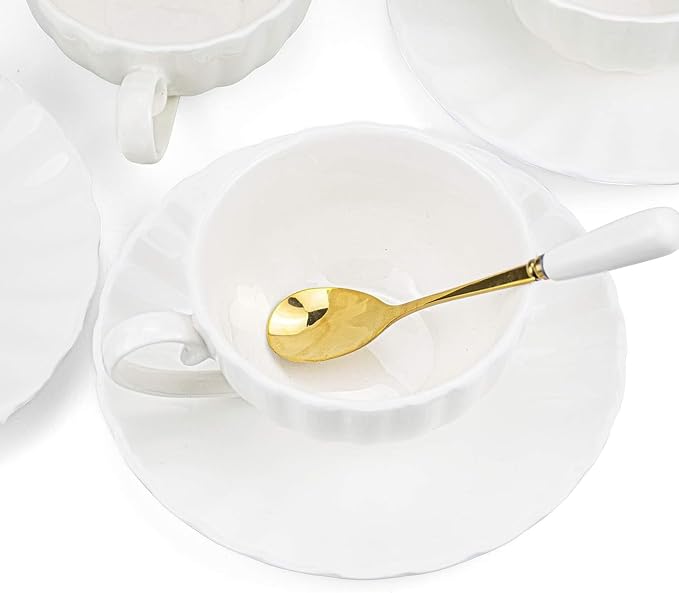 Yesland Set of 6 Royal Tea Cups and Saucers, 6 oz White Porcelain Tea Set & - Image 2