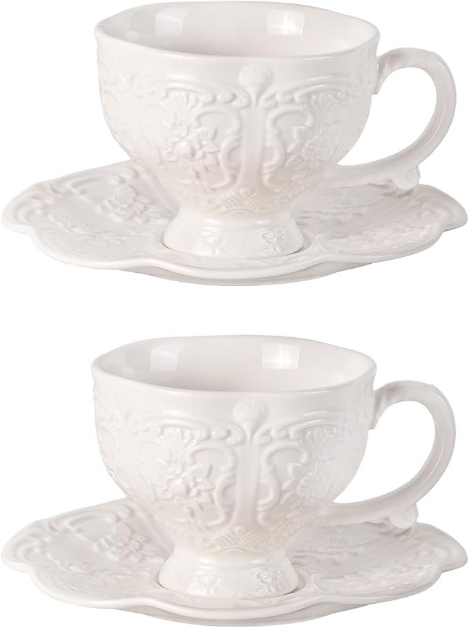 KAMMAK Tea Cups and Saucers Set of 2, 7.8 oz Porcelain Coffee Cups, 565N | by KAMMAK