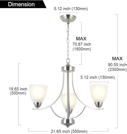 VINLUZ 3 Light Contemporary Chandeliers Brushed Nickel Modern Light Fixtures Ceiling Hanging Classic Pendant Lighting for Foyer Bedroom Dining Room Bathroom