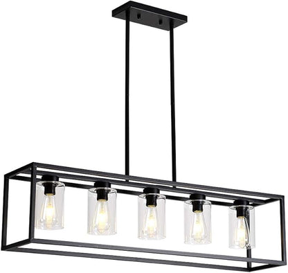XILICON Dining Room Lighting Fixture Hanging Farmhouse Black 5 Light Modern Pendant Lighting Contemporary Chandeliers with Glass Shade for Living Dining Room Bedroom Kitchen Island