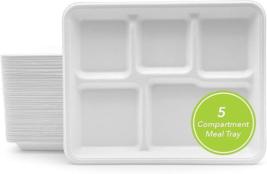 three leaf 5 COMPARTMENT BAGASSE (SCHOOL) TRAY 50 Ct. Heavy-Duty- Super Strong- Natural- Eco-Friendly Disposable Bagasse Plates, 100% Biodegradable 5 Compartment meal Plates