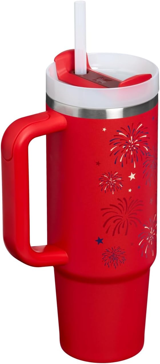 STANLEY Quencher H2.0 Flow State Tumbler, 30 oz, Chili Red Fireworks | Handle - Image 3