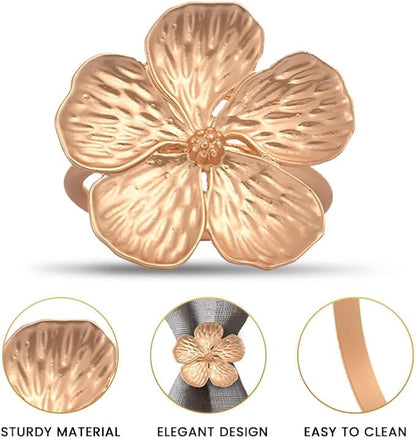 Decozen Set of 4 Gold Napkin Rings in Floral Design, Festive, Table Decor Setting for Holiday, Wedding, Birthday, Kitchen, Home Decor, Housewarming Gift - Mothers Day Decorations