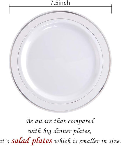 bUCLA 100Pieces Silver Rim Plastic Plates - 7.5inch Silver Salad/Dessert Plates Disposable - Ideal for Weddings, Parties & Christmas