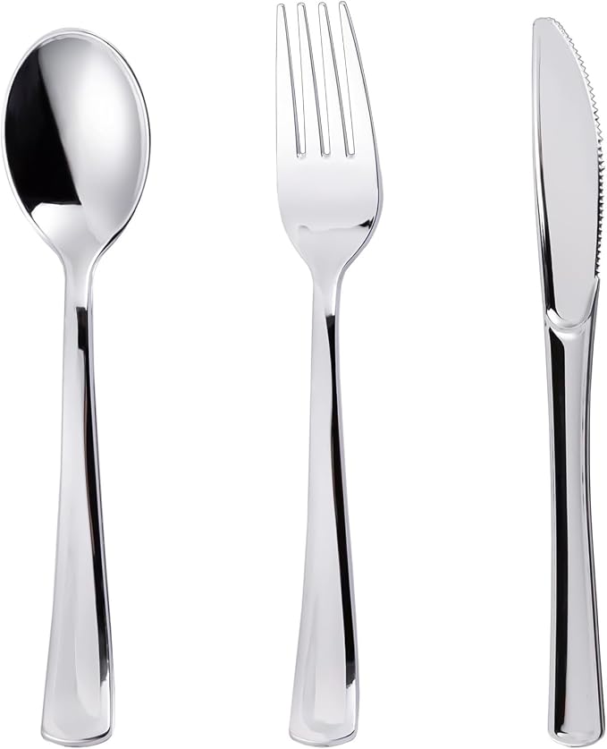 200PCS Silver Plastic Silverware, Disposable Utensils & Cutlery | 100 Forks by N9RTABLEWARE