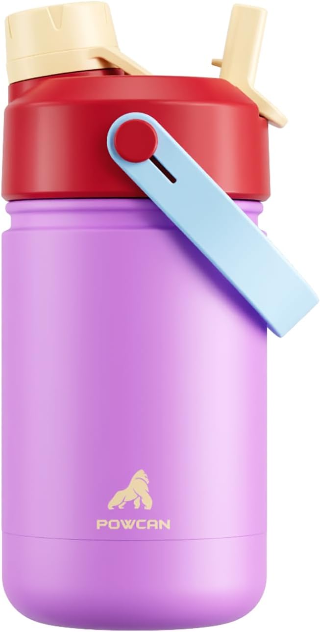 12 oz Kids Water Bottle for School: 2-in-1 Straw Spout Lid, Keep 24H Cold by POWCAN