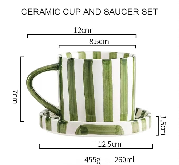 Cup and Saucer Set Hand-Painted Green Stripes, 8 Oz Ceramic Coffee Mug - Image 7