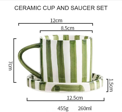 Cup and Saucer Set Hand-Painted Green Stripes, 8 Oz Ceramic Coffee Mug - Image 7