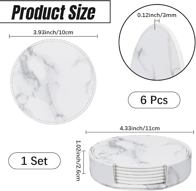 6PCS White Marble Non Slip PU Leather Coasters - Image 2