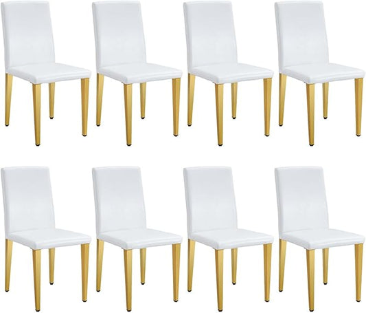 White Dining Chairs Set of 8,Faux Leather with Gold Metal Legs,Armless Kitchen Room Chairs Set of 8,Max Load 300 Lbs,High Back Modern Design for Home Kitchen Living Room Bedroom