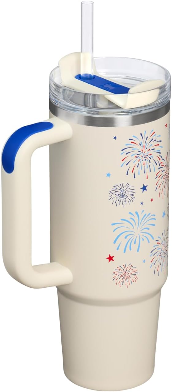 STANLEY Quencher H2.0 Flow State Tumbler, 30 oz, Cream Royal Fireworks | Handle - Image 3