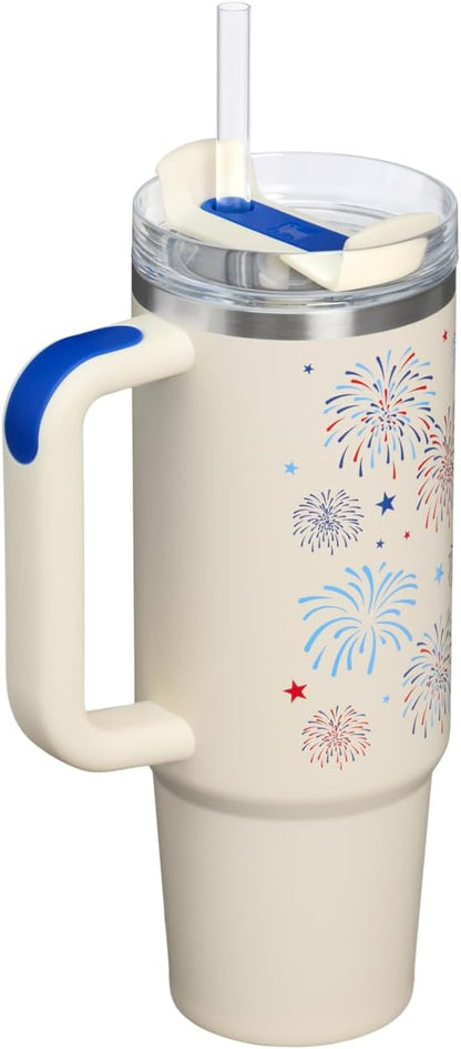 STANLEY Quencher H2.0 Flow State Tumbler, 30 oz, Cream Royal Fireworks | Handle - Image 3