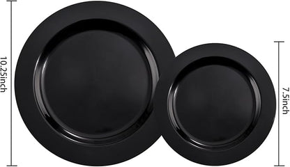 FLOWERCAT 100PCS Black Plastic Plates - Heavy Duty Black Disposable Plates for Birthday Party/Wedding/Father's Day- serve 50guests 10 inch and 7 inch Set