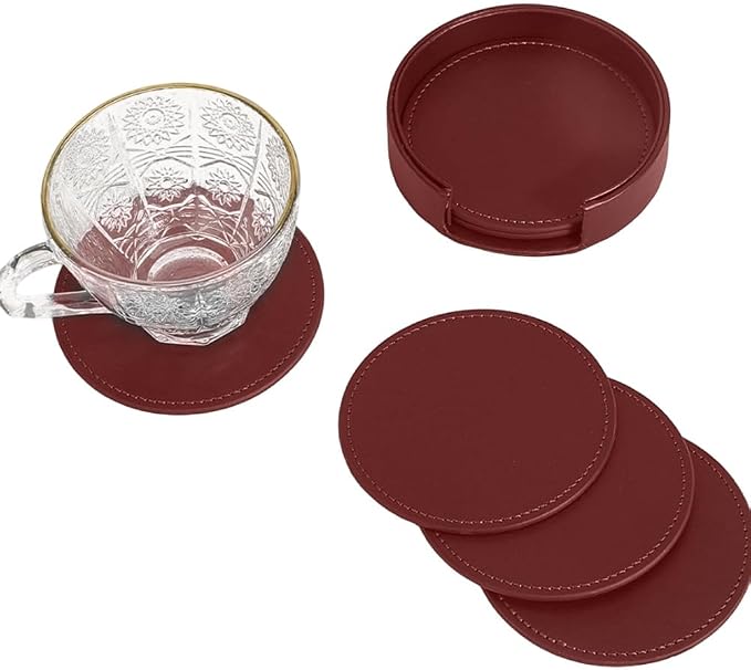 6PCS PU Leather Drink Coasters Red Round Table Coasters - Image 6