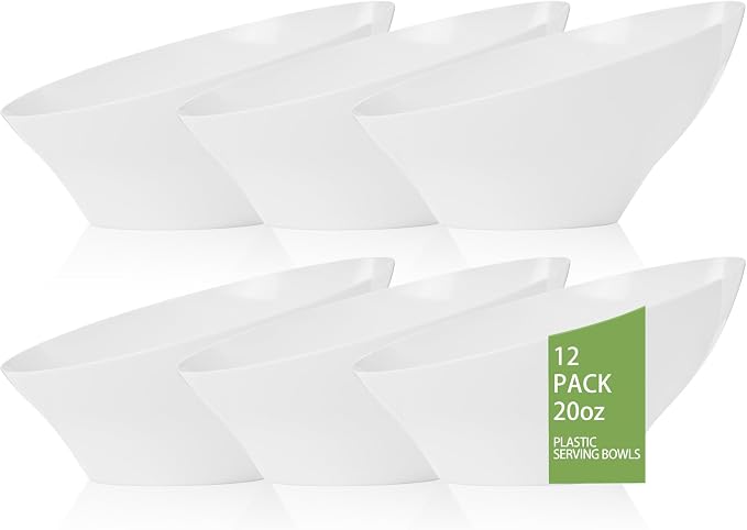 bUCLA 12 Pack White Plastic Serving Bowls - 20 OZ Angled Party Table Salad and by BUCLA