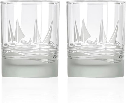 Rolf Glass Regatta 13oz Double Old Fashioned Glass | Set of 2 Whiskey Cocktail Tumblers | Engraved and Lead-Free | Made in the USA | Nautical Sailboat Design