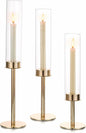 Hewory Gold Candle Holders, 3Pcs Hurricane Candlestick Holders with Glass Candle Cover for Wedding Table Centerpiece Christmas Decor