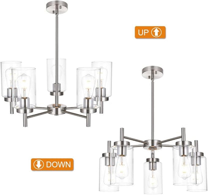 VINLUZ Contemporary 5 Light Large Chandeliers Modern Clear Glass Shades Pendant Lighting Brushed Polished Nickel Dining Room Lighting Fixtures Hanging Adjustable Wire Semi Flush Ceiling Lights