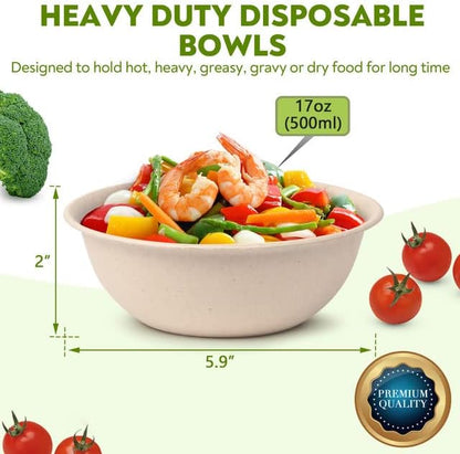 17 oz Paper Bowls (100 Pack) Disposable Bamboo Bowls - Heavy Duty, Microwavable Oven Safe - Perfect for Salads, Ice Cream, Hot Soups, Cereals & Party Fun - Eco-Friendly, Leak-Proof