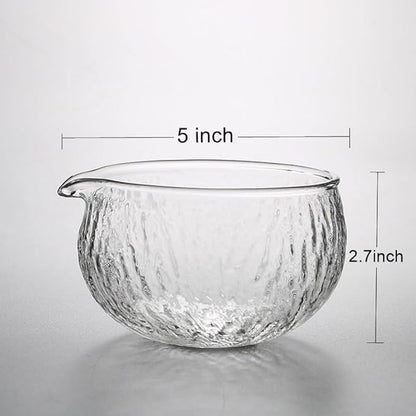 Handmade Japanese Style Matcha Green Tea Ceremony Bowl, Textured Glass, 13.5 oz, With Pouring Spout (Glass+Bamboo)