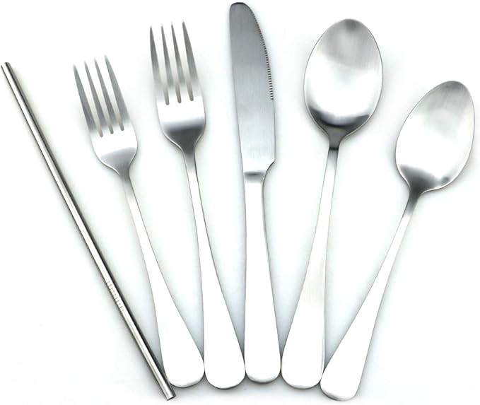 JASHII Modern Royal 20 Pcs Matte Silver 18/10 Stainless Steel Utensils Cutlery Dinnerware Set w/ 4 Pcs Straw, Knife Fork and Spoon Flatware Set for Wedding Festival Christmas Party Service for 4