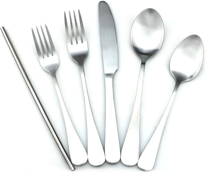 JASHII Modern Royal 5 Pcs Matte Silver 18/10 Stainless Steel Utensils Cutlery Dinnerware Set w/Drinking Straw, Knife Fork and Spoon Flatware Set for Wedding Festival Christmas Party Service for 1