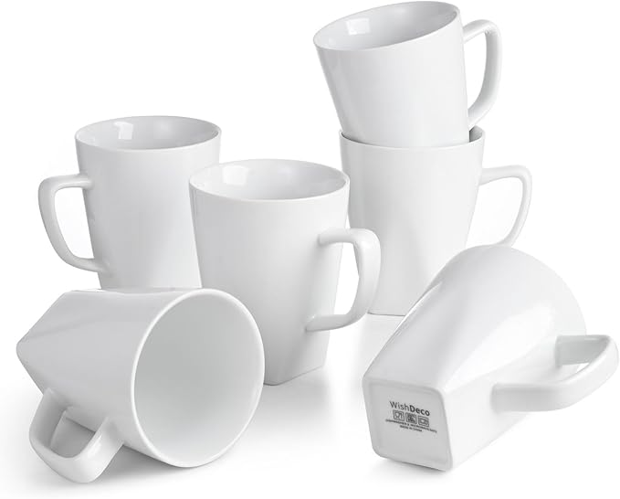 WishDeco White Coffee Mugs Set of 6, Ceramic Coffee Cups 14 oz, Modern Tea Mugs by WishDeco