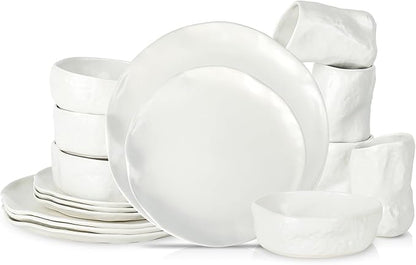 Stone by Mercer Project Atik Modern Stoneware 16-Piece Dinnerware Set, Plate and Bowl Set, Dish set for 4, White