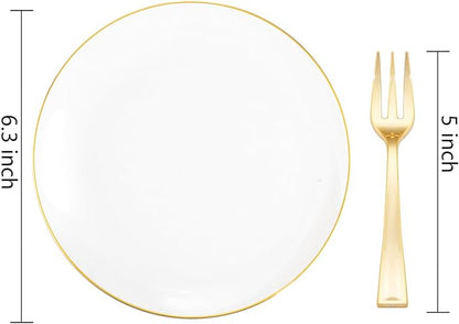 Festiva 200Pcs Gold Dessert Plates 6.3" with Forks 5"- Small Disposable Dessert/Cake/Appetizer Plates Plates- serve 100 guests include 100Plates 100Forks for Wedding & Easter Party &Valentine's Day
