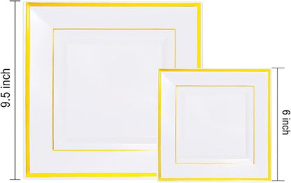 Liacere 100PCS White and Gold Square Plastic Plates-50PCS Heavy Duty 9.5inch White Dinner Plates and 50PCS 6inch White Dessert Plates - Gold Plastic Plates for Party & Christmas & New Year