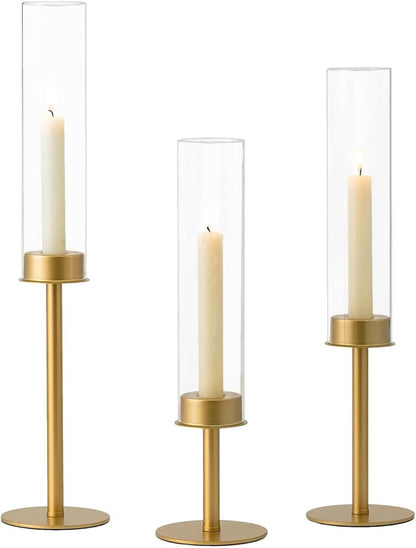 Hewory Gold Candle Holders, 3Pcs Brass Candle Stick Candelabra with Glass Candle Cover for Wedding Table Centerpiece Christmas Decor