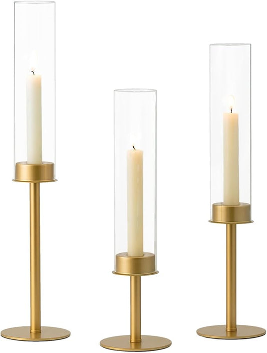Hewory Gold Candle Holders, 3Pcs Brass Candle Stick Candelabra with Glass Candle Cover for Wedding Table Centerpiece Christmas Decor
