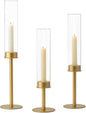 Hewory Gold Candle Holders, 3Pcs Brass Candle Stick Candelabra with Glass Candle Cover for Wedding Table Centerpiece Christmas Decor