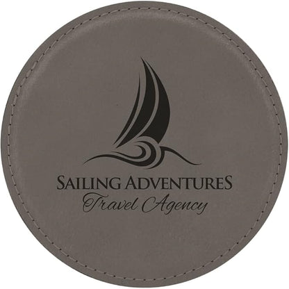 Custom Engraved Coasters | Personalized Leather Coaster | Set of 6 | Drink Coasters with Holder | Laser Engraved | Tabletop Protection | Gift for Couples (Round 4", Gray w/Black)